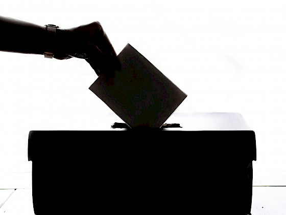 Foto en blanco y negro de una mano metiendo un papel a una caja de votación.