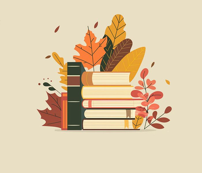 Ilustración de libros y hojas de otoño