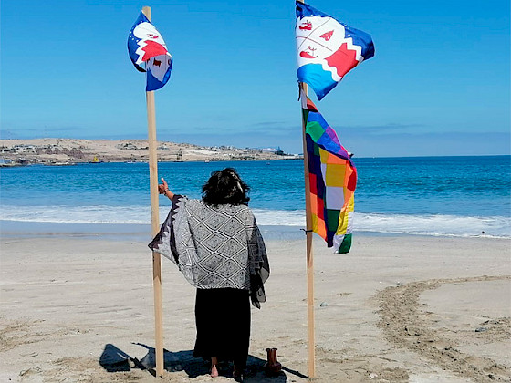 Mujer de espalda mira el mar usando vestimenta de la cultura Chango junto a banderas de pueblos originarios.
