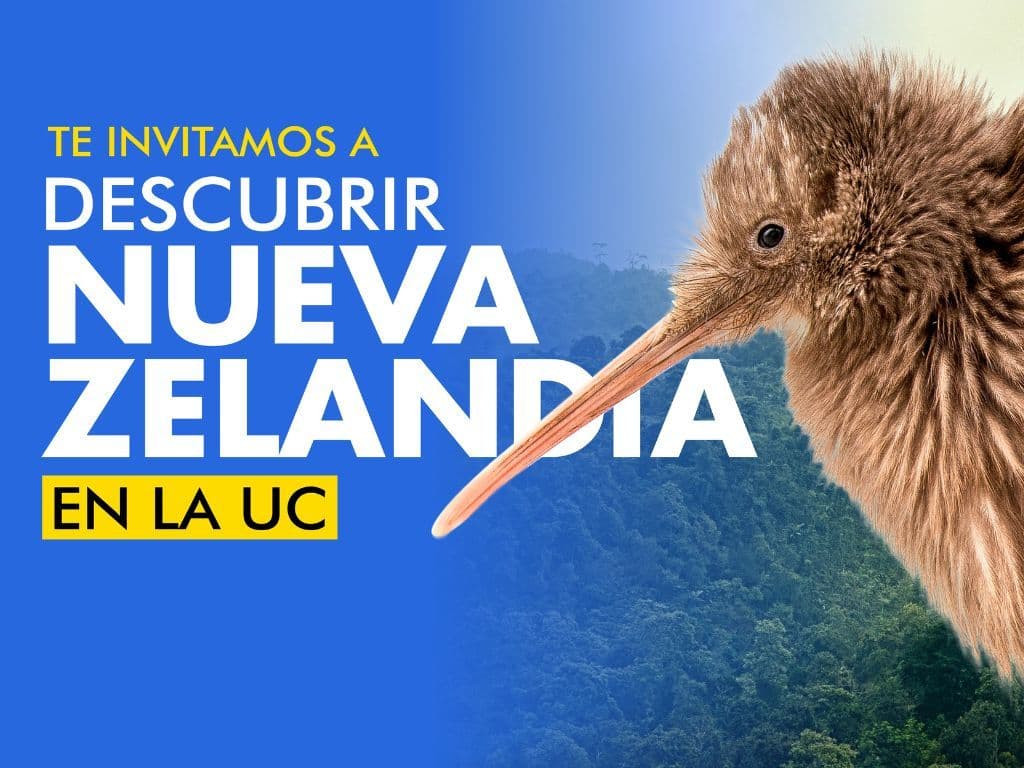Pájaro kiwi sobre el texto Te invitamos a descubrir Nueva Zelandia en la UC