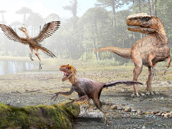Ilustración de dinosaurios, desde un TRex hasta un dinosaurio volador.