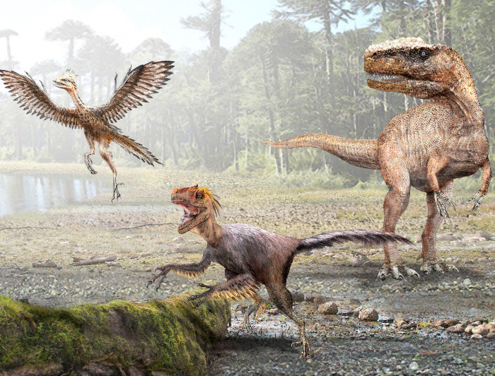 Ilustración de dinosaurios, desde un TRex hasta un dinosaurio volador.