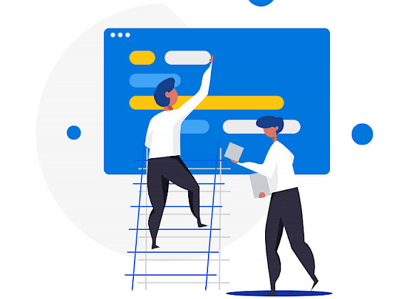 Ilustración en que dos personas arman un sitio web con piezas.