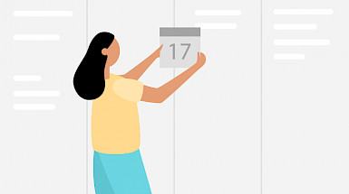 Ilustración de una mujer poniendo una fecha en un calendario virtual.