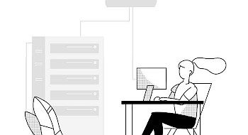 Ilustración e blanco y negro de joven frente a un computador trabajando