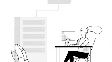 Ilustración e blanco y negro de joven frente a un computador trabajando
