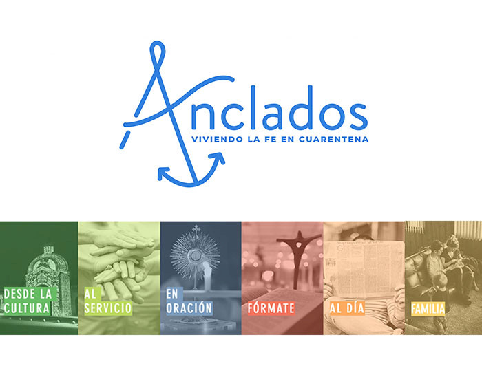 Foto con el logo de Anclados y las seis categorías principales del sitio web. 