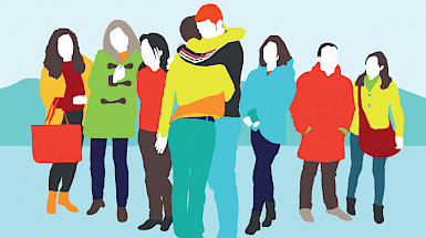 Ilustración de dos personas abrazándose en medio de un grupo.