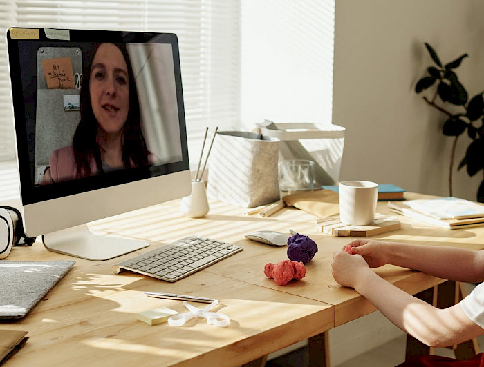 imagen de computador con profesora enseñando por medio de la pantalla a un niño