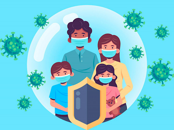 ILUSTRACIÓN DE FAMILIA COMPUESTA POR PADRE MADRE HIJA E HIJO, TODOS CON MASCARILLA