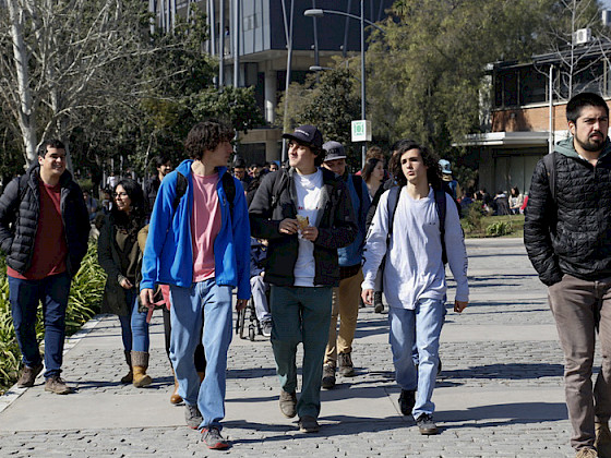 Jóvenes caminan en patio de campus universitario.