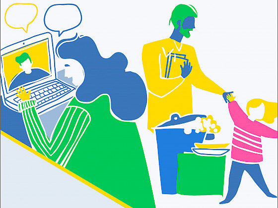 Ilustración que muestra a una mujer frente al computador y a un padre con su hija pequeña.