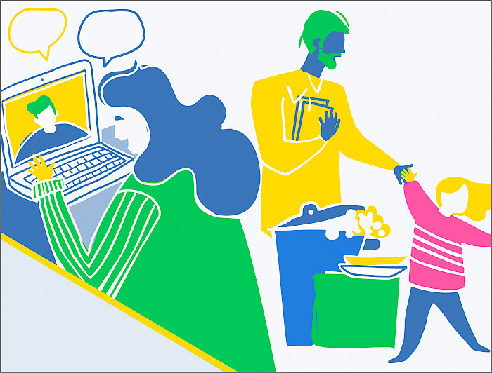 Ilustración que muestra a una mujer frente al computador y a un padre con su hija pequeña.