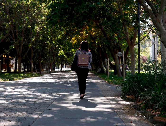 Mujer caminando bajo los árboles.