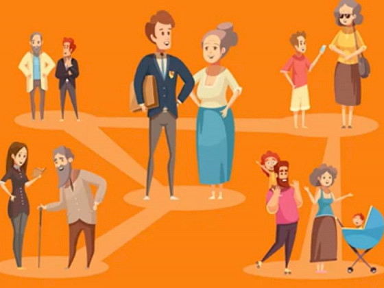 Ilustración que muestra a cuidadores de adultos mayores junto a los ancianos  sobre un fondo colorido.