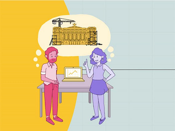 Ilustración que da cuenta de dos compañeros de trabajo, un hombre y una mujer, conversando sobre datos de la universidad.