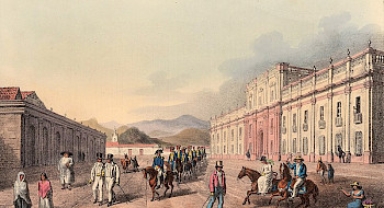 Litografía que muestra personas a caballo por Santiago frente a Palacio de la Moneda