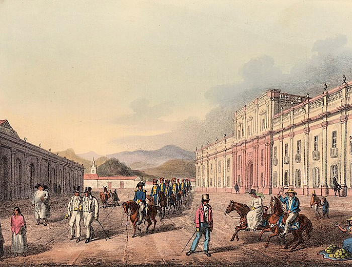 Litografía que muestra personas a caballo por Santiago frente a Palacio de la Moneda 