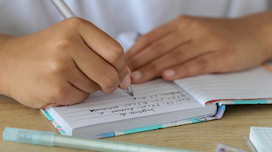 Manos de niño escolar escribiendo sobre un cuaderno.