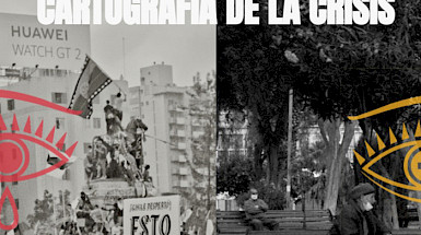 Dos imágenes contrapuestas: una del Monumento Baquedano durante el estallido de 18 de octubre; y otra durante la pandemia, con dos personas sentadas en una banca, distanciados y con mascarillas. Ambas fotos en blanco y negro, con el logo de un ojo sobrepuesto en cada imagen.