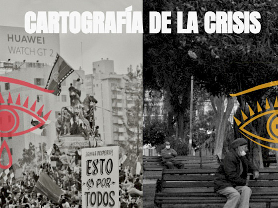 Dos imágenes contrapuestas: una del Monumento Baquedano durante el estallido de 18 de octubre; y otra durante la pandemia, con dos personas sentadas en una banca, distanciados y con mascarillas. Ambas fotos en blanco y negro, con el logo de un ojo sobrepuesto en cada imagen.