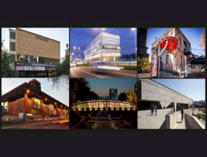 seis fachadas de edificios, corresponden a Teatro UC, Teatro Biobío, Teatro Mori, GAM, Teatro del Puente y Parque Cultural de Valparaíso.