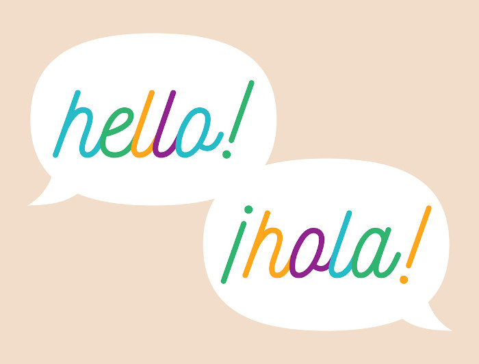 two speech bubbles with the words hello and hola in them