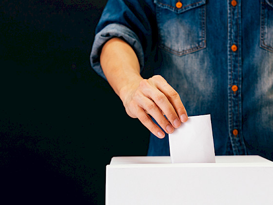 A hand inserts a vote into a ballot box.