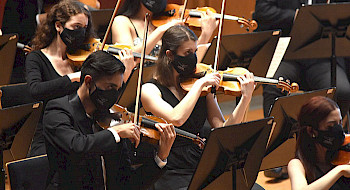 Violinistas tocan en una orquesta