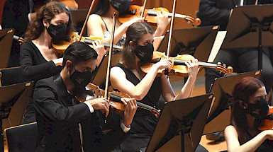 Violinistas tocan en una orquesta