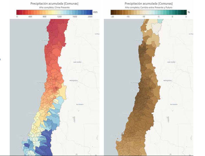 UN FUTURO POCO ALENTADOR. El mapa izquierdo muestra la precipitación anual histórica en mm, que refleja el periodo 1980-2010; el panel derecho exhibe un notable cambio en el promedio de la precipitación anual en %, durante el periodo 2035-2065. (Fuente: Atlas de Riesgo Climático)