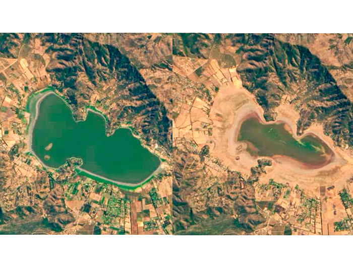 LA SEQUÍA DESDE EL CIELO. En la imagen, la NASA muestra el antes (26 de febrero de 2014) y el después (12 de marzo de 2019) de la laguna Aculeo, ubicada en la RM. Esta se ha convertido en un triste símbolo de la escasez hídrica que afecta, especialmente, a la zona centro-sur del país. (Revista Universitaria)