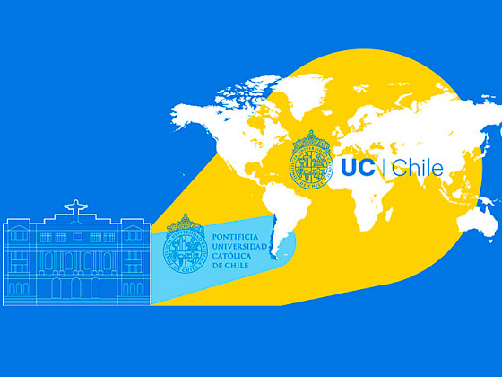 Imagen de campaña de internacionalización que muestra el logo de la UC sobre un globo terrestre.