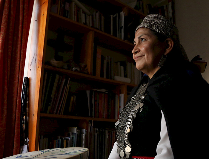 mujer mapuche mirando por una ventana