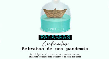 Afiche concurso literario: una botella y un barco de papel dentro de esta.