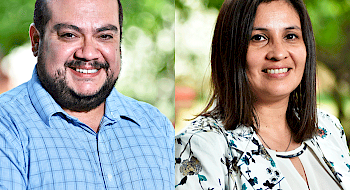 Retratos de dos profesores de la Facultad de Química y de Farmacia, Mario Faúndez y Mónica Antilén.