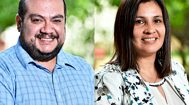 Retratos de dos profesores de la Facultad de Química y de Farmacia, Mario Faúndez y Mónica Antilén.