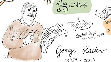 dibujo de un hombre con sweater, bigotes, papeles en la mano. a su alrededor se ven ecuaciones y otros elementos