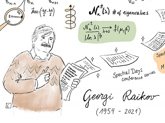 dibujo de un hombre con sweater, bigotes, papeles en la mano. a su alrededor se ven ecuaciones y otros elementos