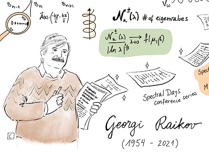 dibujo de un hombre con sweater, bigotes, papeles en la mano. a su alrededor se ven ecuaciones y otros elementos