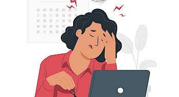 Ilustración de una mujer frente a un computador. Se ve abrumada.