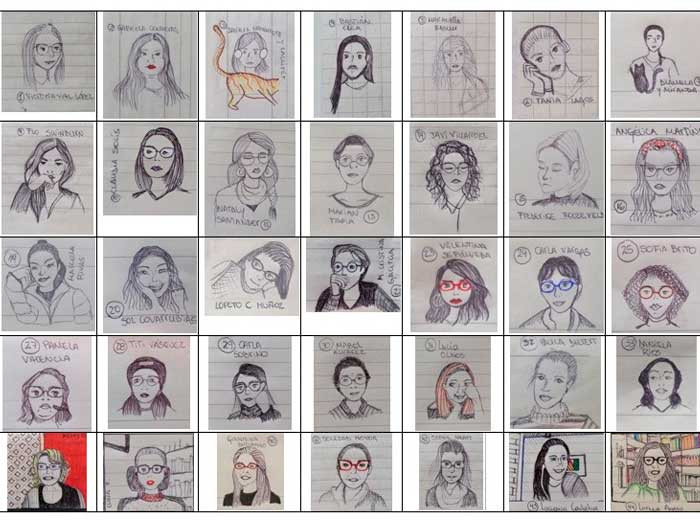Dibujo con los rostros de más de una docena de alumnas de la UC. 