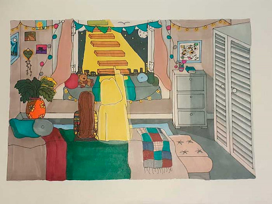 Dibujo de una niña mirando la ventana en su habitación durante el confinamiento por pandemia.