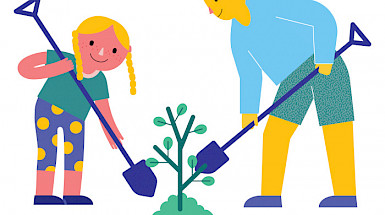 dibujo de una niña y un hombre adulto plantando un árbol