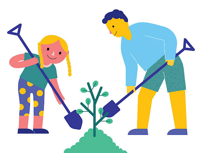dibujo de una niña y un hombre adulto plantando un árbol 