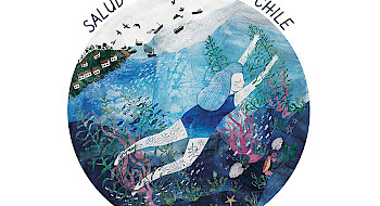 Dibujo de una mujer bajo el mar rodeada de peces. Arriba dice Salud del Océano en Chile.