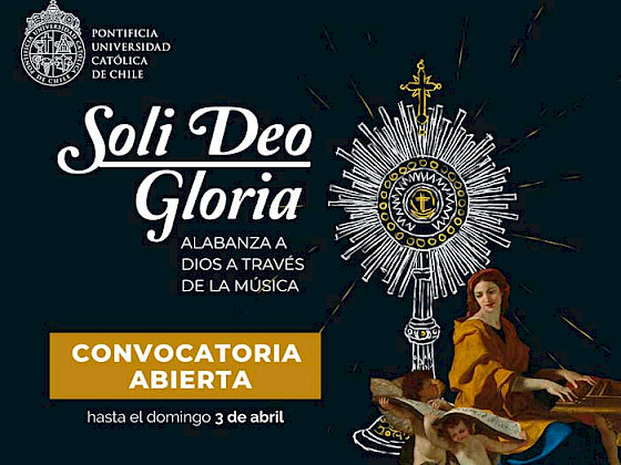 afiche que dice soli deo gloria, debajo de un logo de la UC