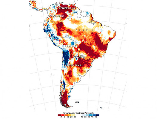 Map showing shallow groundwater storage in South America on October 26, 2020, measured by the Gravity Recovery and Climate Experiment Follow-On