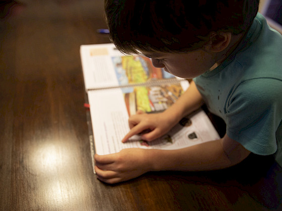 Niño realiza sus tareas escolares en un comedor.