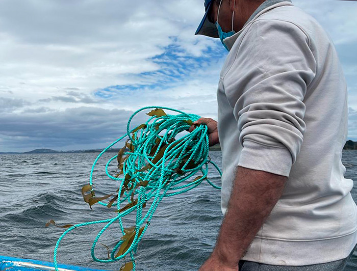 Hombre con mascarilla sostiene una cuerda sobre el mar.